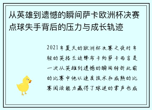 从英雄到遗憾的瞬间萨卡欧洲杯决赛点球失手背后的压力与成长轨迹